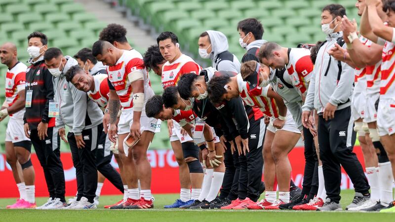 Japan players bow to the crowd at teh Aviva Stadium in July after  the Test match against Ireland. Photograph: Bryan Keane/Inpho