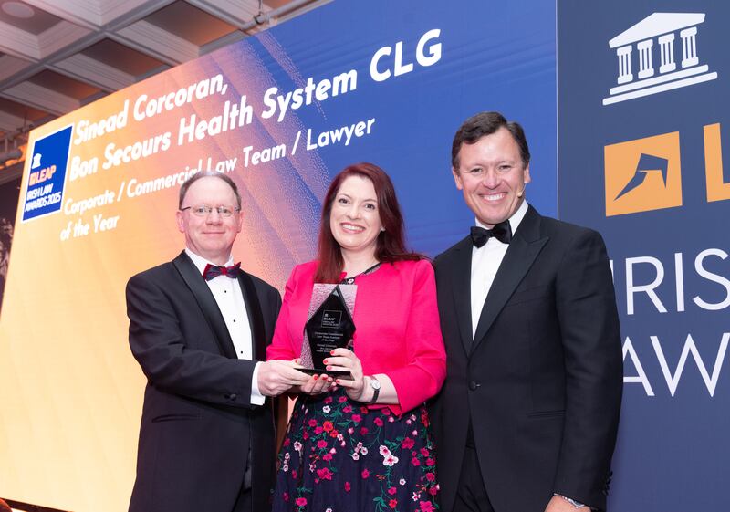 Richard Hammond, solicitor and partner at Hammond Good LLP and chair of the judging panel of the Leap Irish Law Awards; Sinead Corcoran, chief legal officer, chief corporate and external affairs officer, and company secretary at Bon Secours Health System Ireland; and Anton Savage, MC of the night. Photograph: Paul Sherwood
