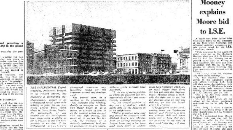 The Irish Times in 1972, showing a photograph of a model of the proposed central bank building that was featured in English publication the Architects Journal.