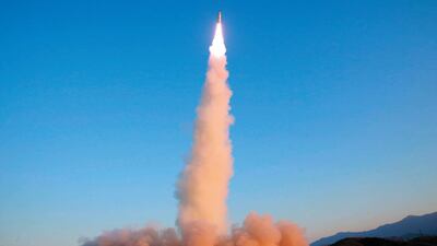 North Korea fired the missile on a high arc into the sea early on Sunday. Photograph: Korean Central News Agency/AP
