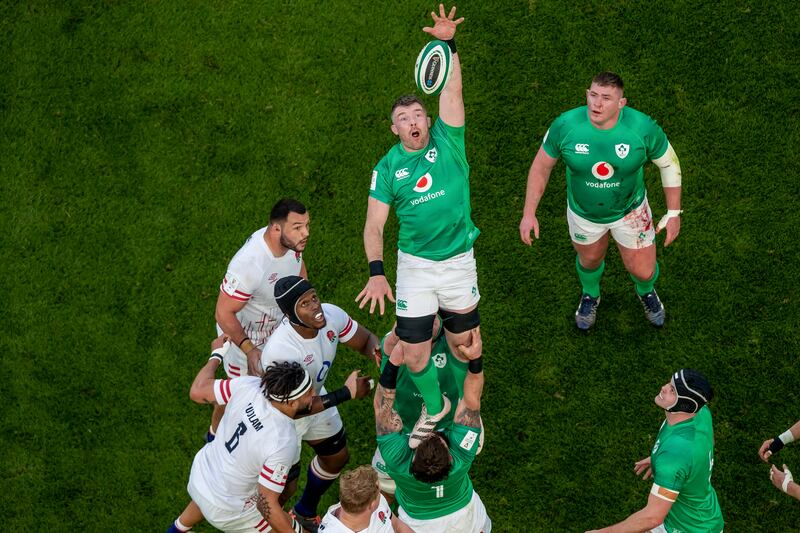 Peter O’Mahony  claims a lineout throw during the game against England. Photograph: Morgan Treacy/Inpho