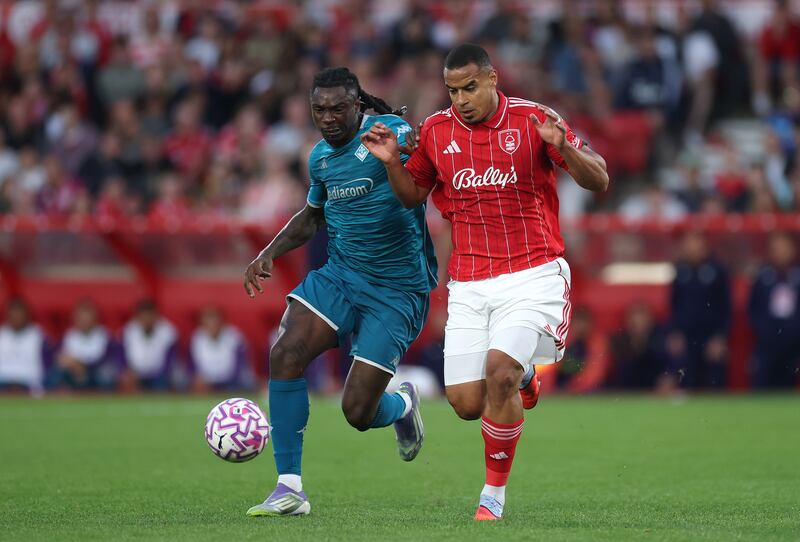 Moise Kean of Fiorentina battles for possession with Murillo of Nottingham Forest during the pre-season friendly match. Photograph: Carl Recine/Getty