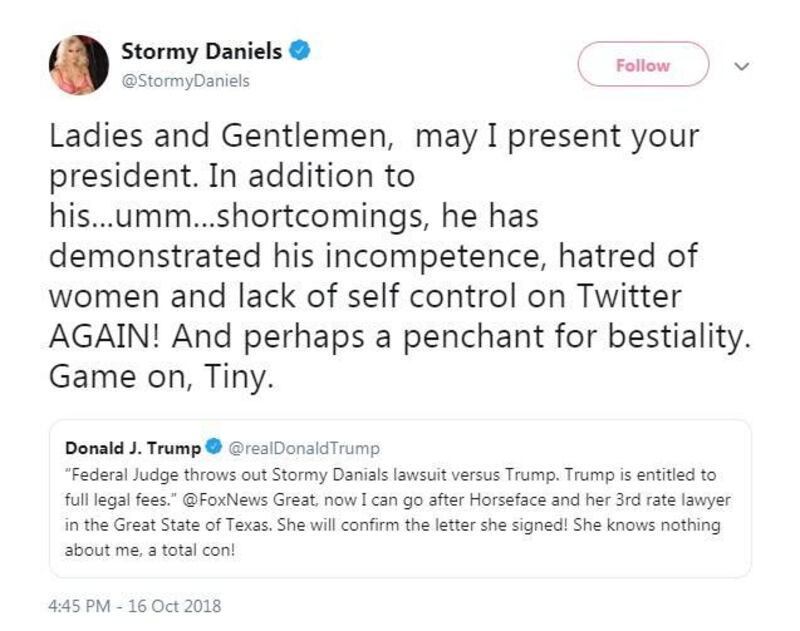 Stormy v Trump: The adult actor responded to insults from the US president on Twitter