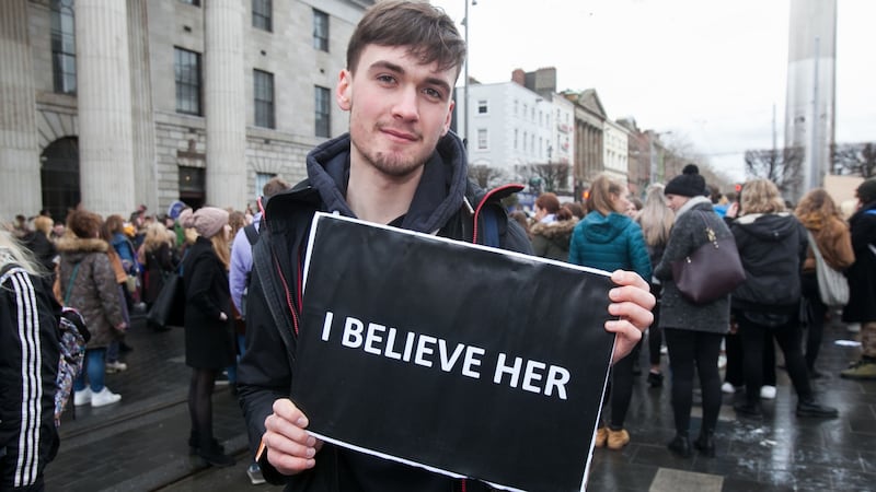 Hugh O’Laoide from Limerick expressing support for the complainant in  the Belfast rape trial on O’Connell Street, Dublin. Photograph: Gareth Chaney/Collins