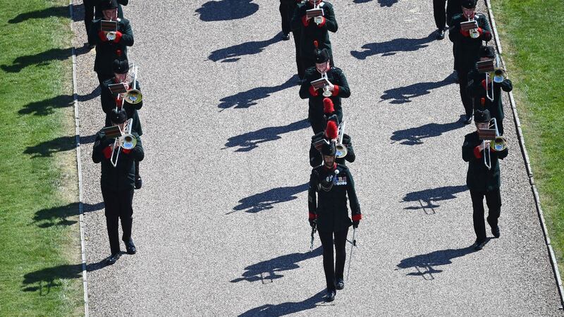 The rifles band march into position at Windsor Castle in Windsor. Photograph: Kirsty O’Connor/AFP