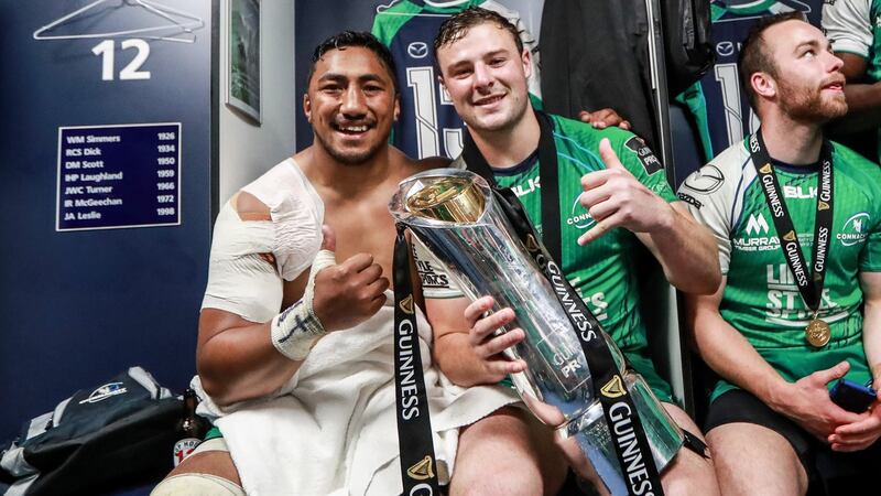 Bundee Aki and Robbie Henshaw celebrate Connacht’s Pro12 title victory in 2016. Photograph: James Crombie/Inpho