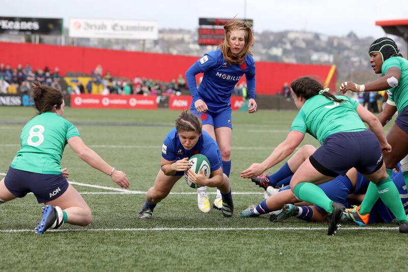 France's hooker Agathe Sochat scores one the visitors' nine tries at Musgrave Park. Photograph: Paul Faith/AFP via Getty Images