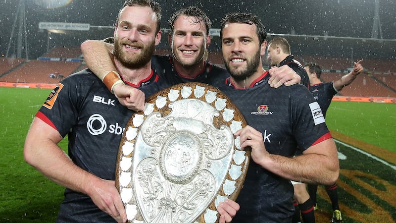 Oli Jager (left) pictured with David McDuling and Nathan Vella after Canterbury’s  Ranfurly Shield win in September 2016. Photograph:  Fiona Goodall/Getty Images