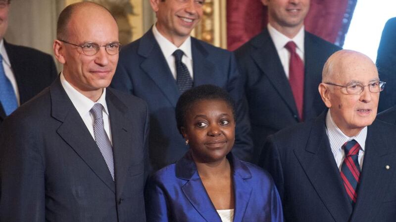From left: Italy’s new prime minister Enrico Letta, minister for integration Cecile Kyenge and Italian president Giorgio Napolitano pose during the swearing-in ceremony of the new government at Quirinale palace in Rome, yesterday. Photograph: Giorgio Cosulich/Getty Images