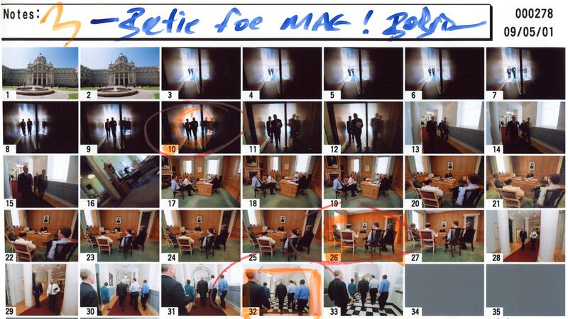 This is one of the few Irish Times-related contact sheets I have. It was part of an assignment shadowing then taoiseach Bertie Ahern over three days in May 2001. We were shooting transparency/slides at the time for The Irish Times Magazine. Access was controlled but I do remember Ahern's comfort and ease with the camera. I also remember constantly trying to keep up with or ahead of him as he raced around Government Buildings