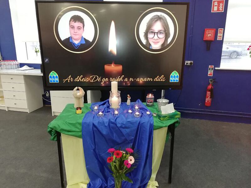 Following the tragic car crash over the weekend, a table of remembrance was set up in Presentation College Headford, Co Galway to remember crash victims Lukas Joyce  and Kirsty Bohan both aged 14, and both students in the school.  Photo: Presentation College Headford