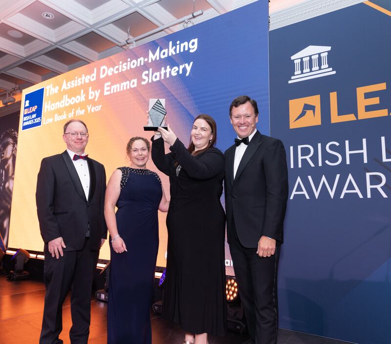 Richard Hammond, solicitor and partner at Hammond Good LLP and chair of the judging panel of the Leap Irish Law Awards; Ann McGarry, Principal Solicitor at Ann McGarry & Co Solicitors, and judge at the Leap Irish Law Awards; Emma Slattery, author and barrister at law; and Anton Savage, MC of the night. Photograph: Paul Sherwood