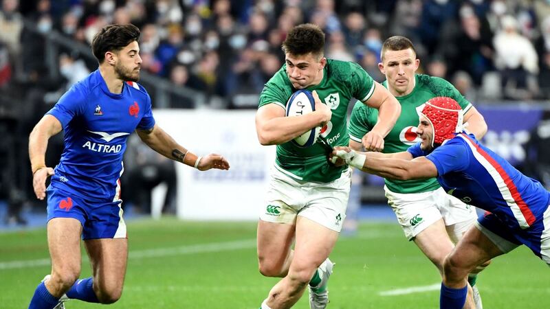 Ireland hooker Dan Sheehan runs with the ball during the Six Nations  match against France at the Stade de France. Photograph:  Bertrand Guay/AFP via Getty Images