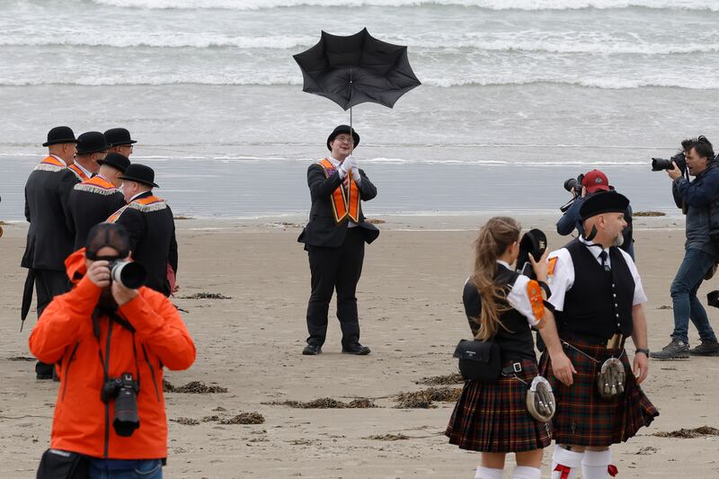 Orange Order members on the beach at Rossnowlagh. Photograph: Nick Bradshaw