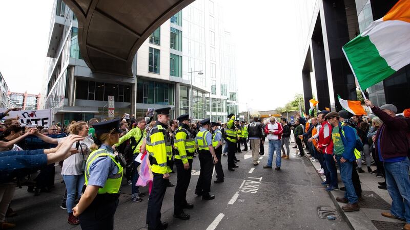 Rival protesters confront each other outside Google’s HQ in Dublin. Photograph: Tom Honan/The Irish Times