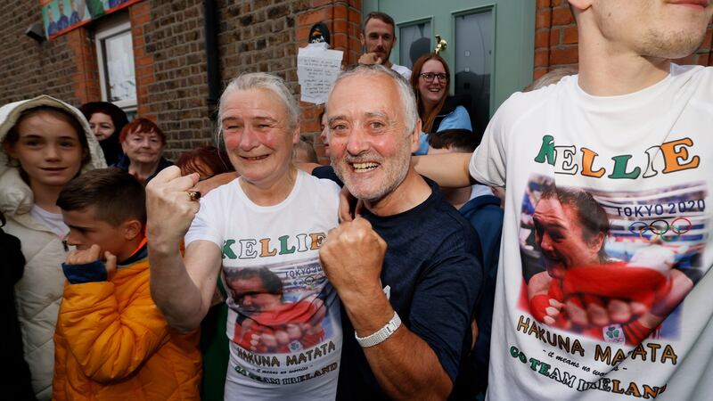 Kellie’s parents, Yvonne and Christy Harrington, celebrate her Tokyo Olympic Gold medal win. Photograph: Alan Betson