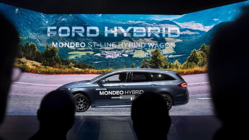 A Mondeo hybrid automobile is displayed during a Ford Motor Co. launch event. Photograph: Jasper Juinen/Bloomberg