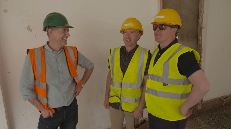 Room to Improve Dermot Bannon (left) with Glenn Keating and Gustav van der Westhuizen of episode 6, in their Drumcondra home. Photograph: RTÉ 2019/Coco