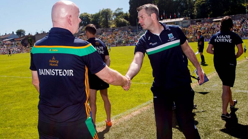 Donegal manager Declan Bonner shakes hands with Fermanagh’s Rory Gallagher following last years’s Ulster final at Clones. Photograph: James Crombie/Inpho