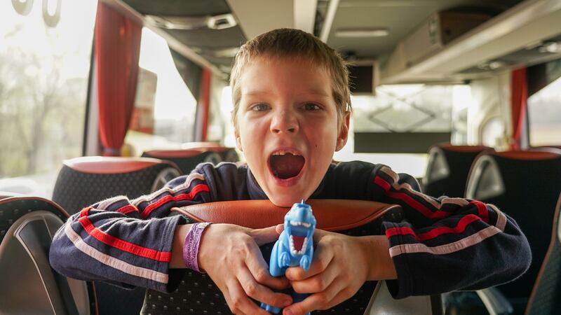 Mykolayiv Bieliaiev (7) on the bus. Photograph: Enda O’Dowd