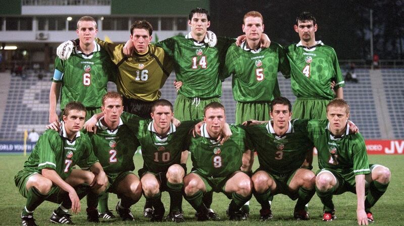 Republic of Ireland Under-20 World Cup team: Barry Quinn, Dean Delaney, Richie Sadlier, Gary Doherty and Jason Gavin (back row); and Stephen McPhail, Thomas Heary, Robbie Keane, Ger Crossley, Keith Doyle and Damien Duff (front row) in 1999. Photograph: Lorraine O’Sullivan/Inpho