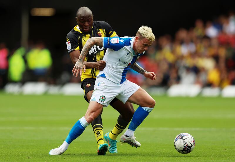 Vakoun Issouf Bayo of Watford challenges for the ball with Sammie Szmodics of Blackburn Rovers during the  Championship match  at Vicarage Road. Smodics has been overlooked by Stephen Kenny. Photograph: Luke Walker/Getty Images
