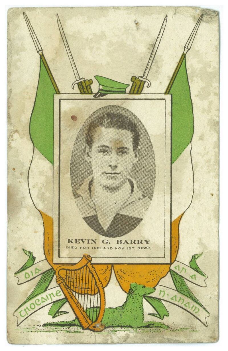 A memorial card for the 18-year-old UCD student and IRA volunteer Kevin Barry, executed on  October 20th, 1920 for his involvement in ambushing British troops at Monk’s Bakery on Church St the previous September. His death at such a young age, despite a campaign for clemency, made him one of the most famous republican martyrs of the war (Kilmainham Gaol Museum 19PD-1A16-21)