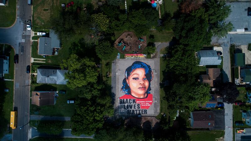 A mural of Breonna Taylor on two basketball courts in Annapolis, Maryland, photographed by drone. Photograph: Jim Lo Scalzo /EPA