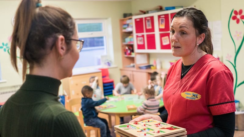 Happy Feet Childcare’s Anita Flynn and parent Anna Boronski: “I’d feel so sorry for parents that are out hard working every day and then have to give over half their salaries to me,” says Ms Flynn. Photograph: Keith Heneghan