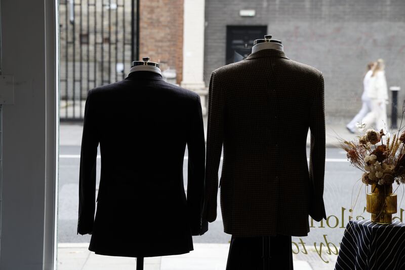 Olann Glas: Suits on display in the shop window. Photograph: Nick Bradshaw