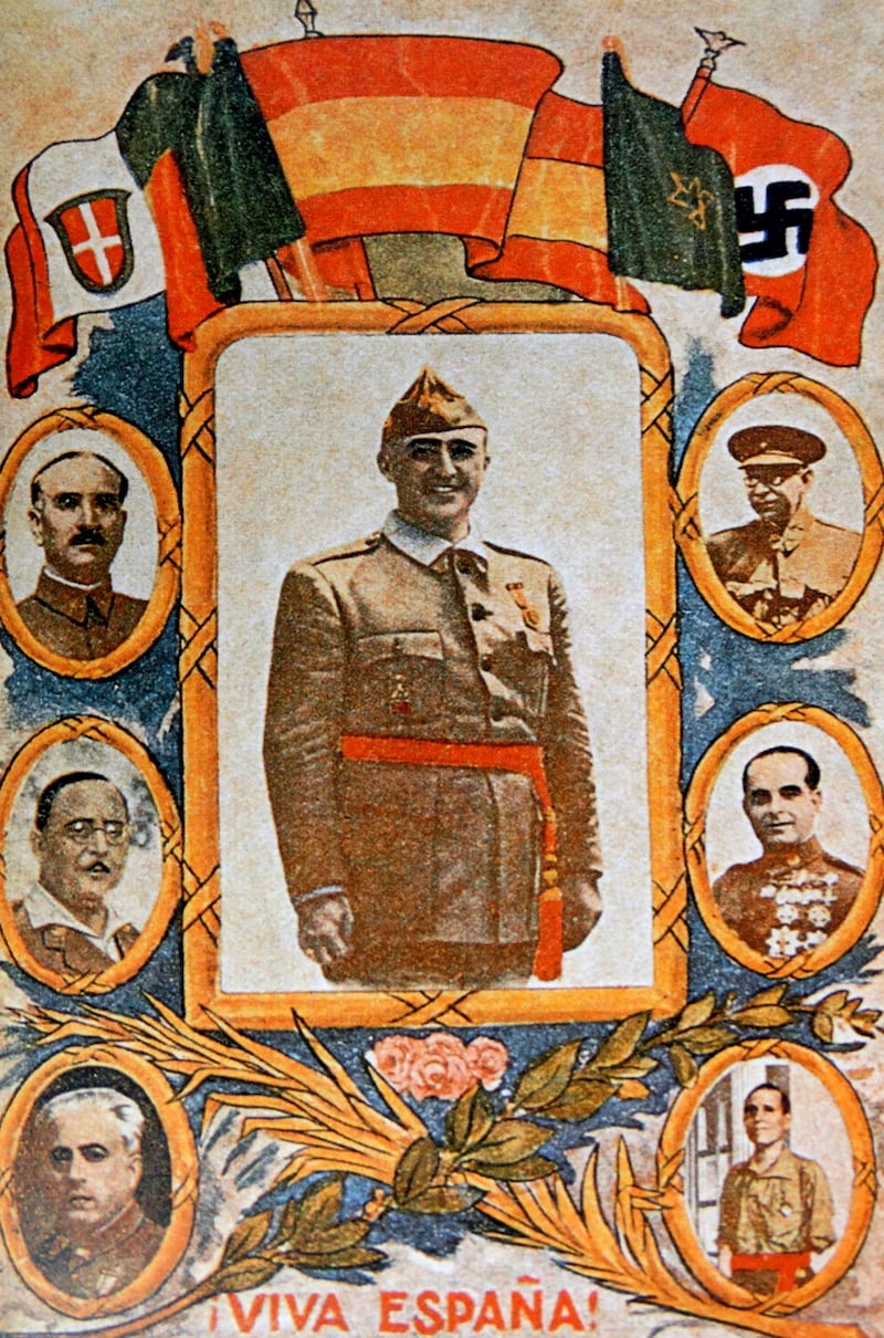 A 1936 postcard of Francisco Franco, surrounded by leading nationalist generals and Fascist imagery. Photograph: Universal History Archive/UIG via Getty Images