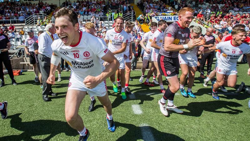 Tyrone players celebrate the final whistle after their Ulster SFC Final win over Down in Clones. They have that innate Tyrone confidence, having also won an U-21 All-Ireland title. Photograph: Morgan Treacy/Inpho
