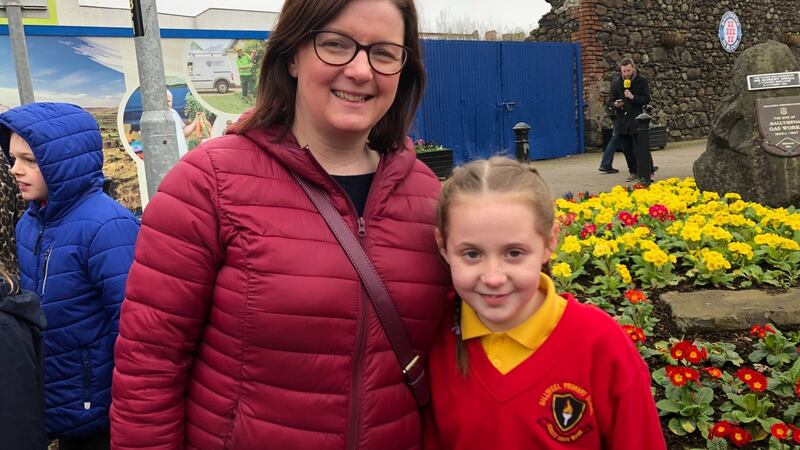 Hanna Ritchie, with her teacher Susan McKeegan, who had something special to say to the Duchess of Cambridge when she met her in Ballymena in Thursday.