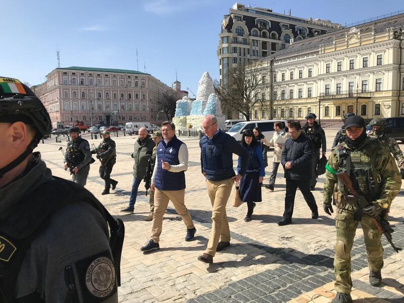 Simon Coveney meets Ukraine's minister for foreign affairs Dmytro Kuleba in Kyiv. Photograph: Department of Foreign Affairs