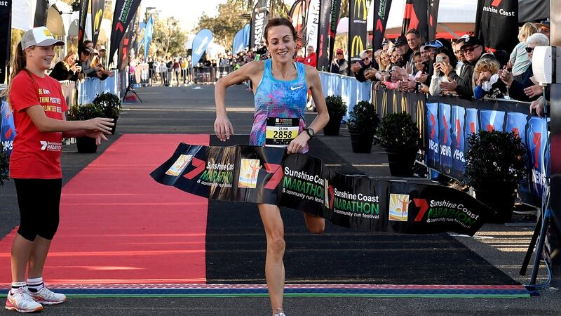 Sinead Diver crosses the finishing line to win the Sunshine Coast Half Marathon on August 19, 2018 in Sunshine Coast, Australia. Photograph: Bradley Kanaris/Getty Images