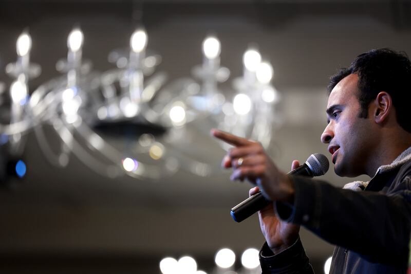 US Republican presidential candidate Vivek Ramaswamy speaking during a campaign stop in Cedar Rapids, Iowa, in recent days. Photograph: Joe Raedle/Getty
