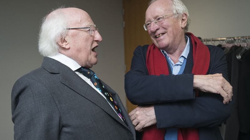 Journalist Robert Fisk with President Michael D Higgins at Trinity College Dublin in 2016. Photograph: Dave Meehan