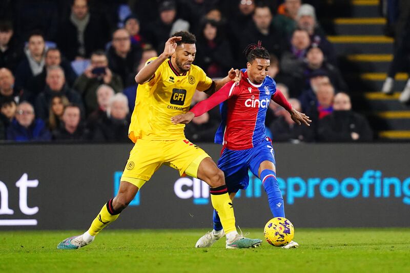 Sheffield United's Auston Trusty and Crystal Palace's Michael Olise battle for the ball. Photograph: John Walton/PA Wire