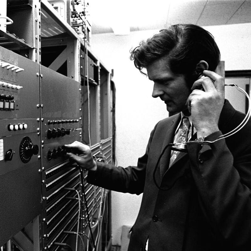 A technician checks equipment prior to RTÉ Raidió na Gaeltachta going on air on Easter Sunday 1972