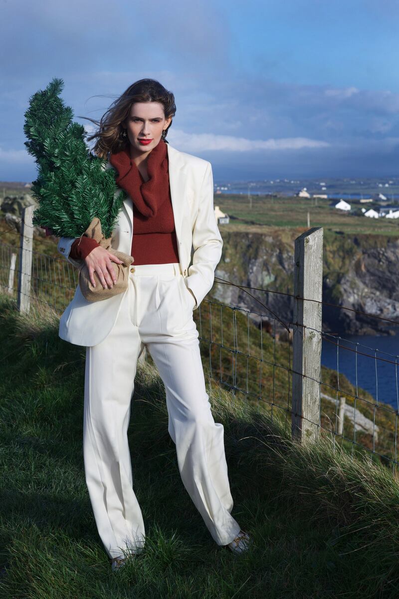 Jacket La Collection, €850, trousers La Collection €590, jumper Jacquemus €460, all Brown Thomas, shoes €310 LK Bennett