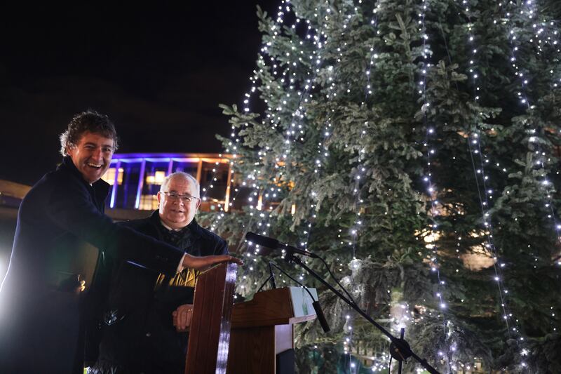 Cathaoirleach Senator Mark Daly and Ceann Comhairle Seán Ó Fearghaíl at Leinster Lawn for the switching-on of the Oireachtas Christmas tree lights on Tuesday evening. Photograph: Dara Mac Dónaill






