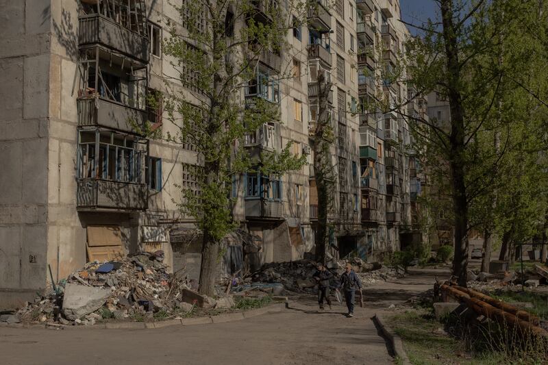 Residential buildings damaged by air attacks in Kostyantynivka last April. Photograph:  Roman Pilipey/AFP/Getty