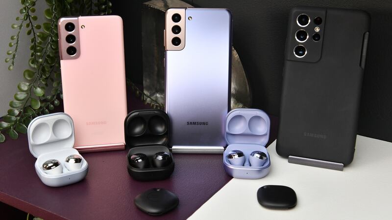 The Samsung Galaxy S21, The Samsung Galaxy S21+, The Samsung Galaxy S21 Ultra, the Samsung Galaxy SmartTag and Samsung Galaxy Buds Pro. Photograph: Dia Dipasupil/Getty Images