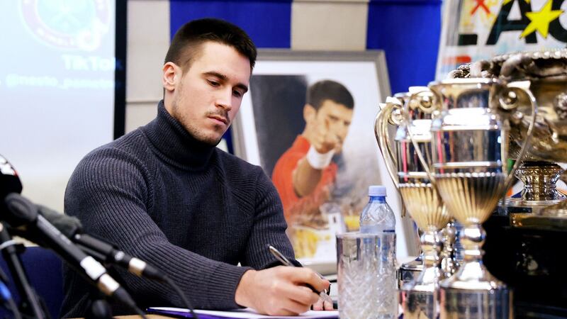 Novak Djokovic’s brother Djordje held a press conference in Belgrade on Monday. Photograph: Padja Milosavljevic/Getty/AFP
