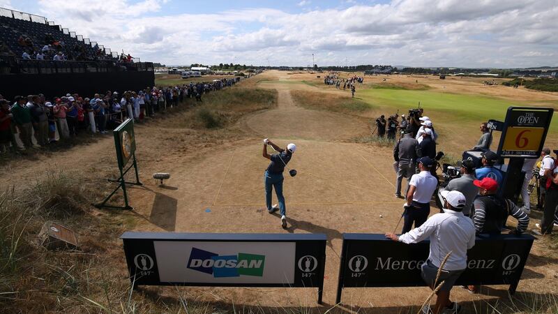 Jordan Spieth tees off at the fifth during Wednesday’s practice round. Photo: Jane Barlow/PA Wire