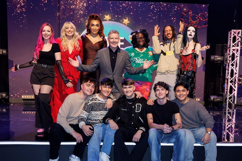 Late Late Show host Patrick Kielty pictured with the six acts competing in Friday night's Eurosong final: (Back), Ailsha, Isabella Kearney, Erica-Cody, JyellowL & Toshín, Bambie Thug and (front) Next in Line. Photograph: Andres Poveda