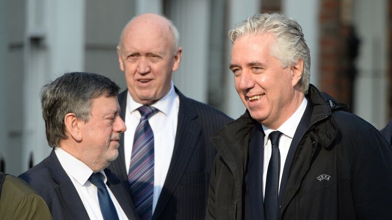 Donal Conway, Eddie Murray and  John Delaney arriving  at the Oireachtas Committee on Transport, Tourism and Sport, at Leinster House, Dublin.Photograph: Dara Mac Dónaill