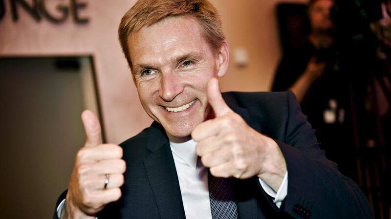 Danish People’s Party (DF) leader Kristian Thulesen Dahl is pictured giving thumbs-up after the election results. Photograph: Linda Kastrup/Scanpix Denmark/Reuters.