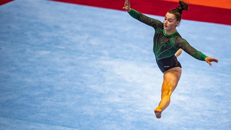 Ireland’s Emma Slevin competes in the floor event at the women’s all-around final during the Artistic Gymnastics World Championships at the Kitakyushu City Gymnasium in Kitakyushu, Fukuoka, Japan. Photograph:  Philip Fong/AFP via Getty Images