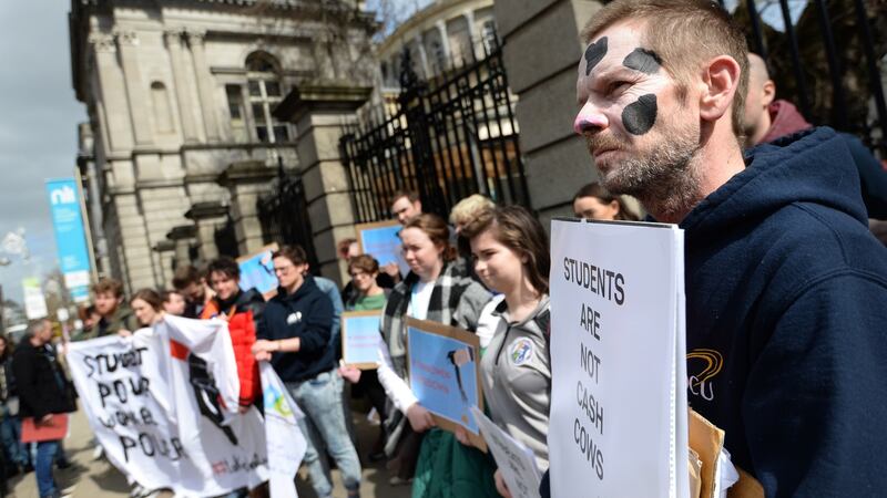 DCU students outside the Dáil at a previous protest over student accommodation in April. Photograph: Dara Mac Dónaill
